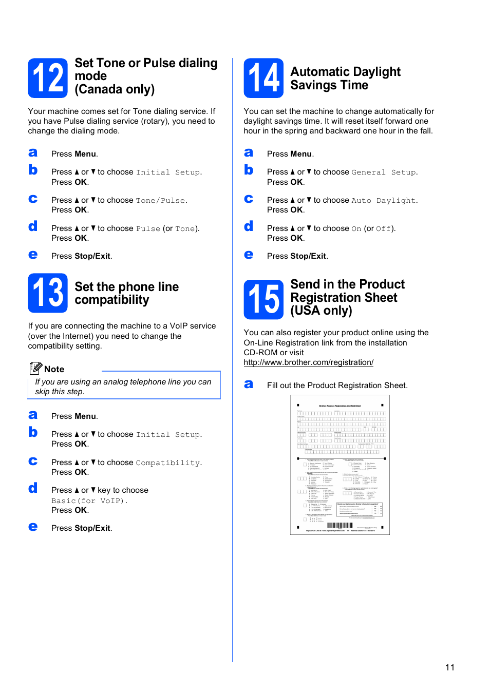 12 set tone or pulse dialing mode (canada only), 13 set the phone line compatibility, 14 automatic daylight savings time | Brother MFC-J410W User Manual | Page 11 / 34