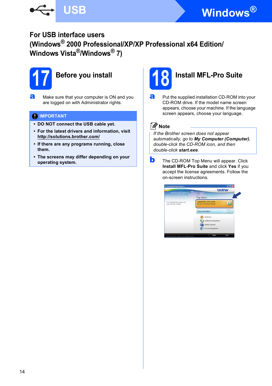 17 before you install, 18 install mfl-pro suite, Windows | Brother MFC-J410W User Manual | Page 14 / 34
