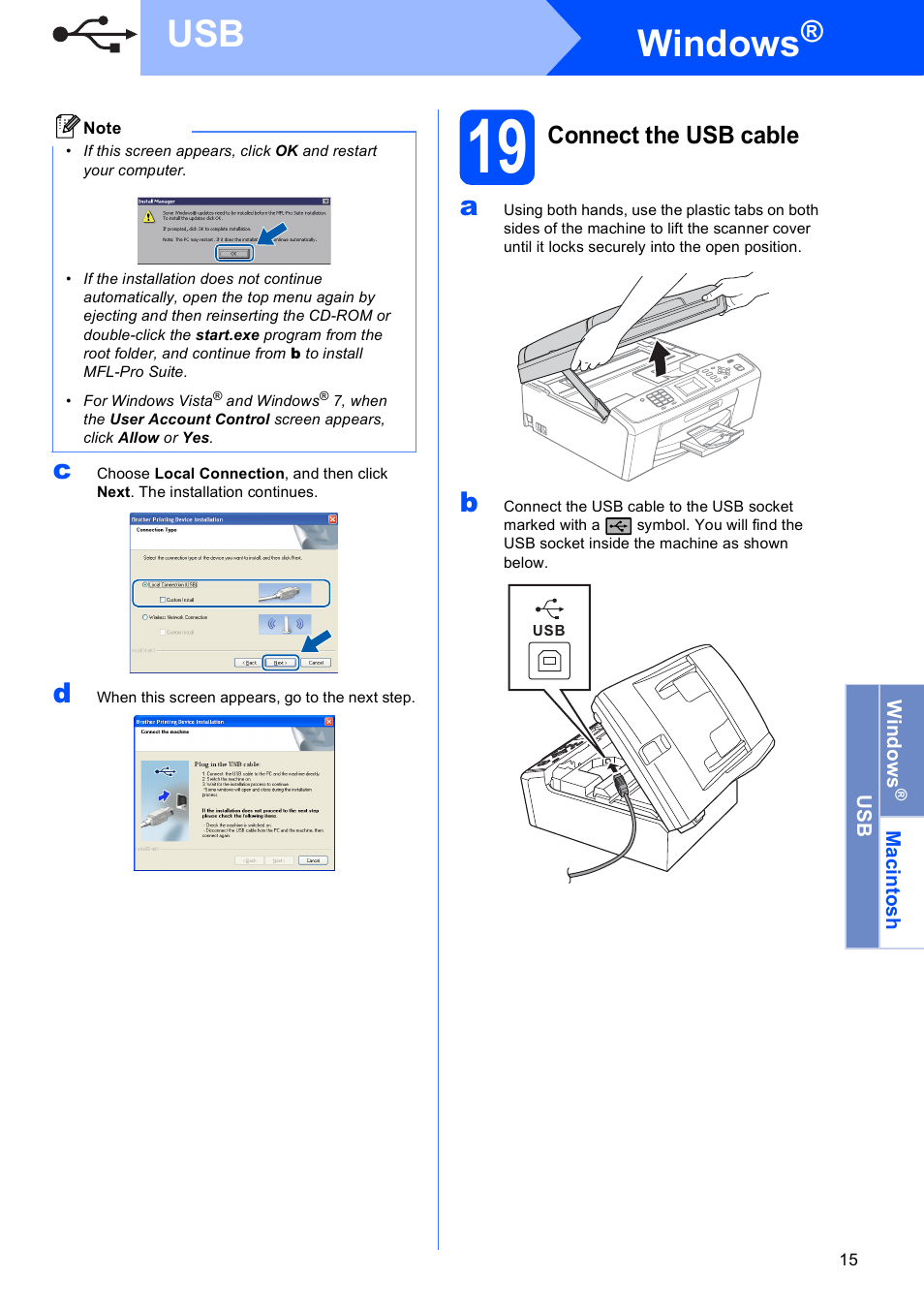 19 connect the usb cable, Windows, Connect the usb cable | Brother MFC-J410W User Manual | Page 15 / 34