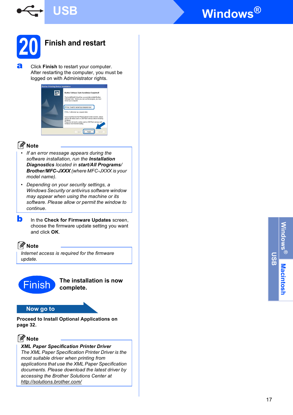 20 finish and restart, Windows, Finish | Brother MFC-J410W User Manual | Page 17 / 34