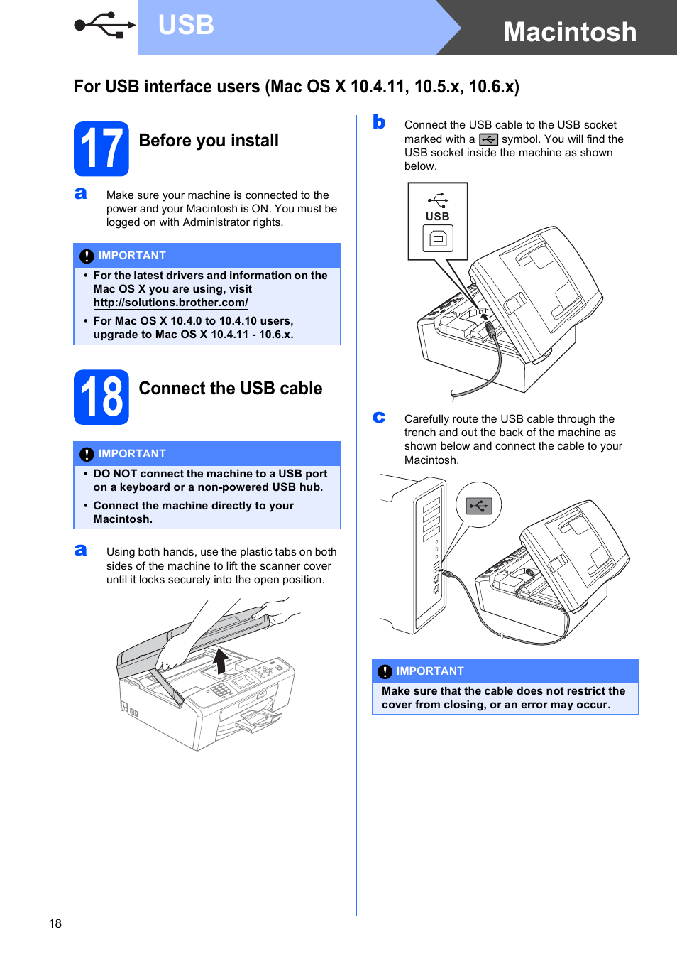 17 before you install, 18 connect the usb cable, Macintosh usb | Brother MFC-J410W User Manual | Page 18 / 34