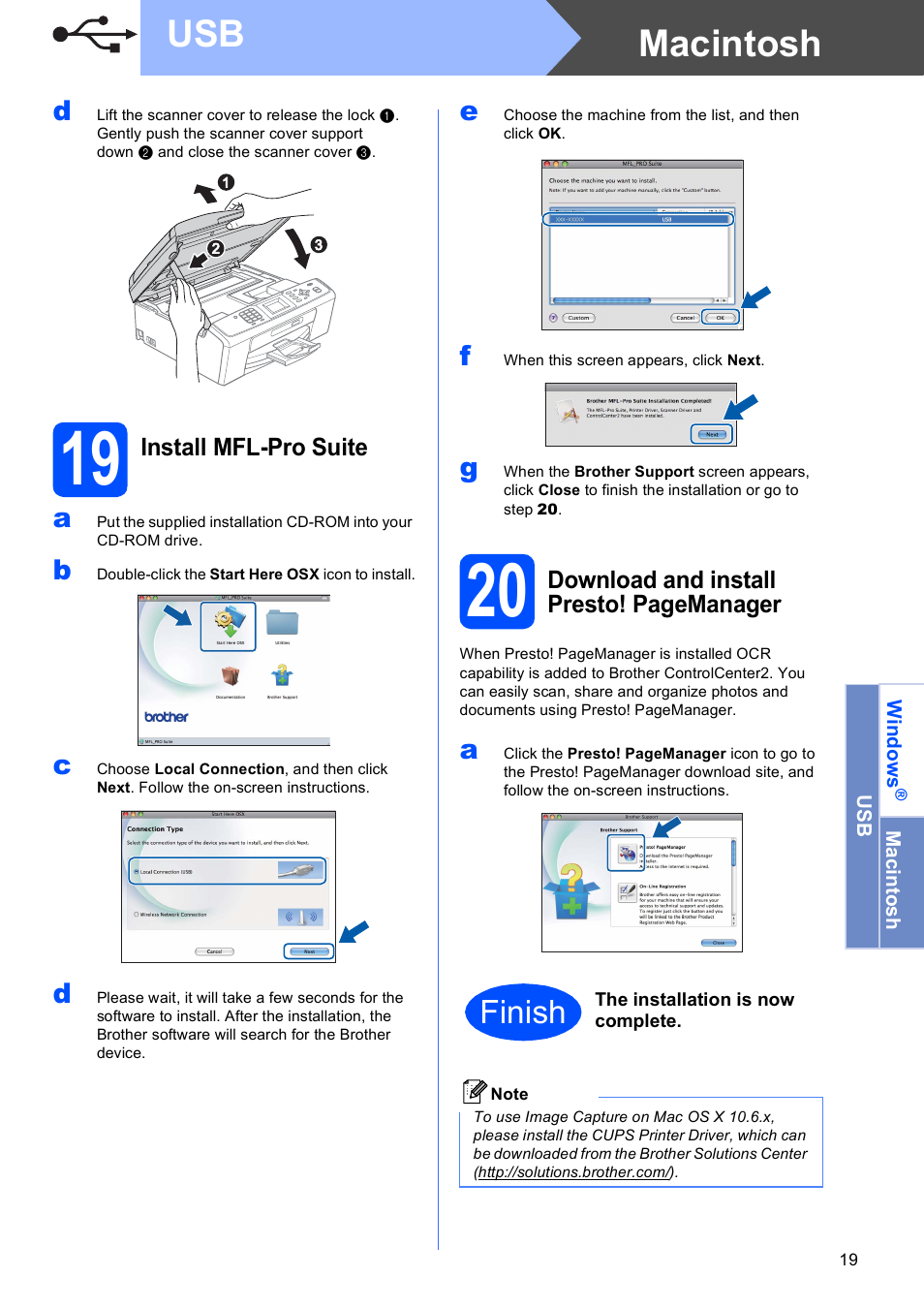 19 install mfl-pro suite, Macintosh usb, Finish | Brother MFC-J410W User Manual | Page 19 / 34