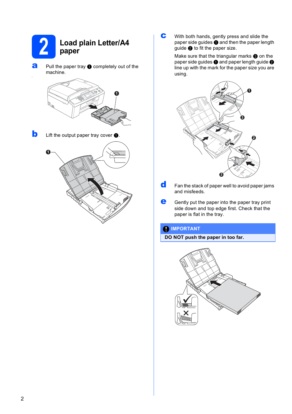 2 load plain letter/a4 paper, Load plain letter/a4 paper | Brother MFC-J410W User Manual | Page 2 / 34