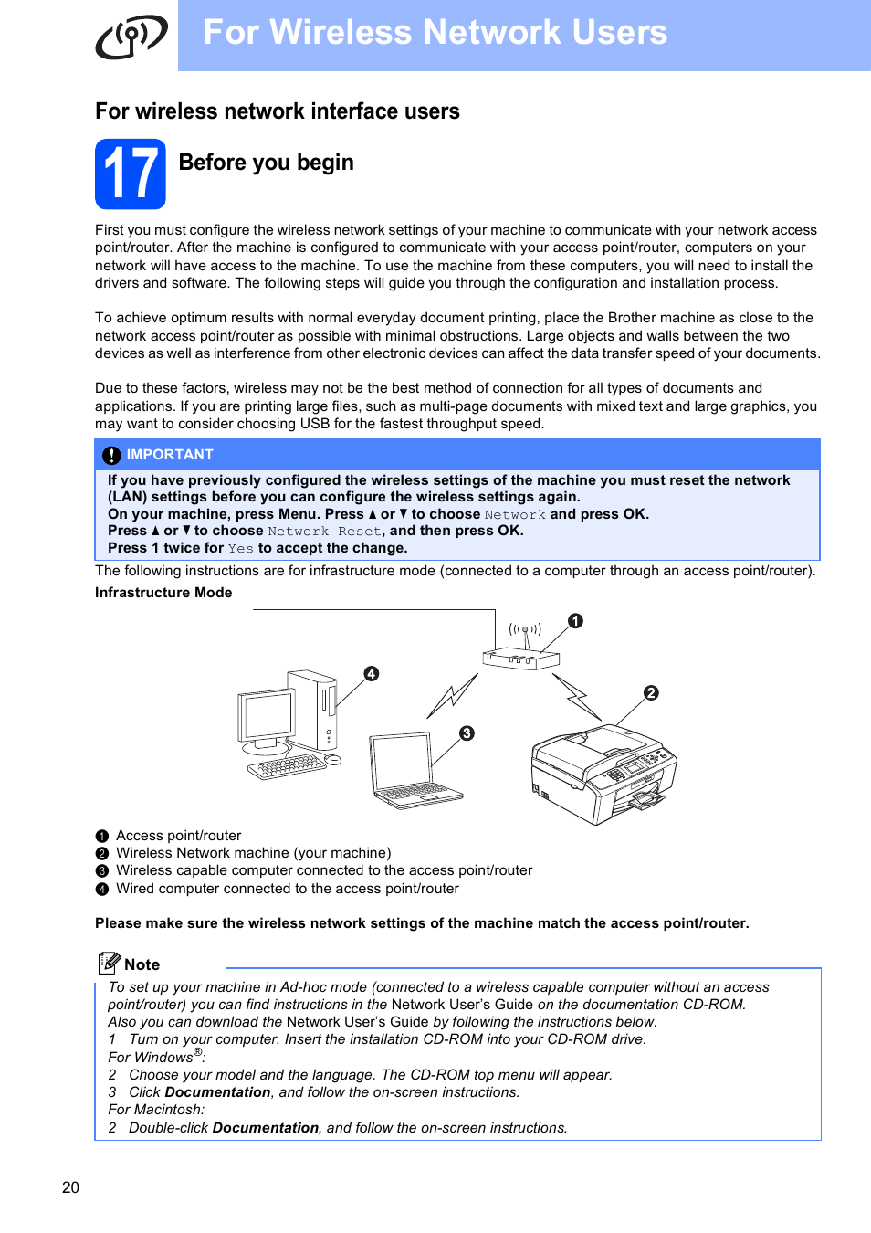 For wireless network interface users, 17 before you begin, For wireless network users | Before you begin | Brother MFC-J410W User Manual | Page 20 / 34