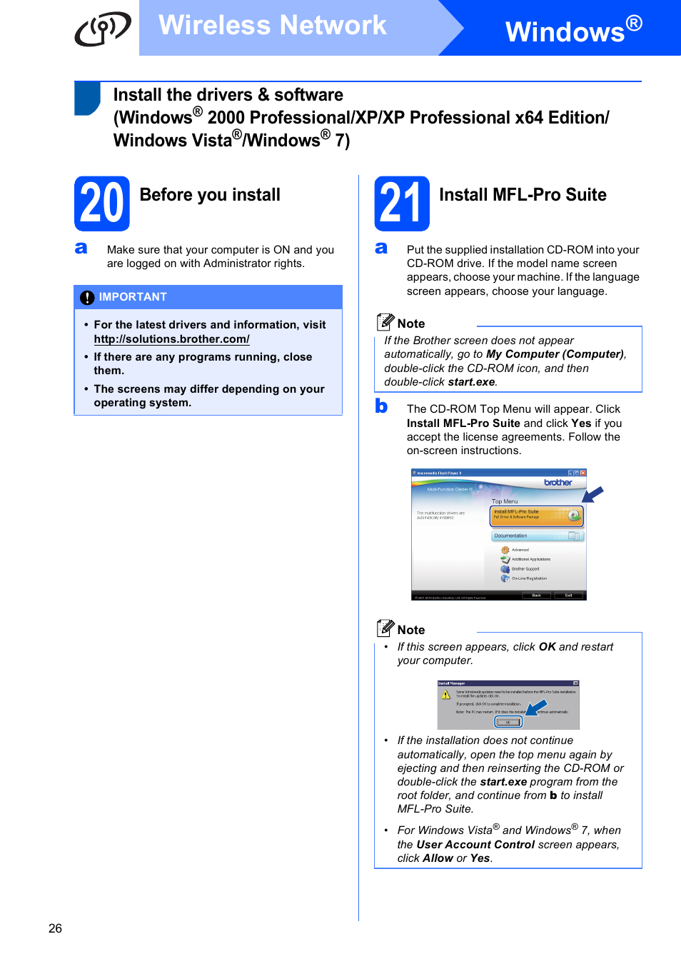 20 before you install, 21 install mfl-pro suite, Windows | Wireless network | Brother MFC-J410W User Manual | Page 26 / 34