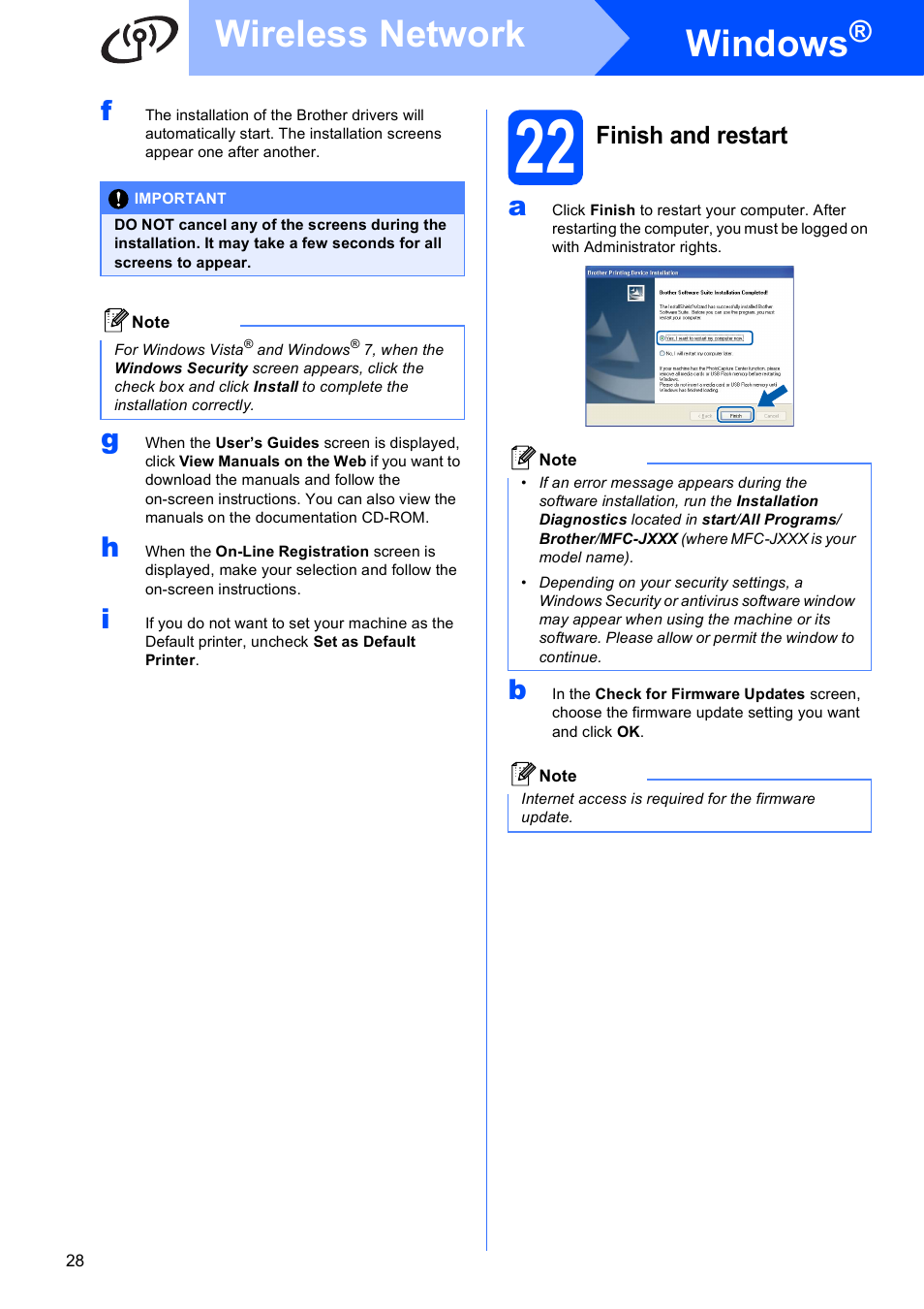 22 finish and restart, Windows, Wireless network | Finish and restart | Brother MFC-J410W User Manual | Page 28 / 34