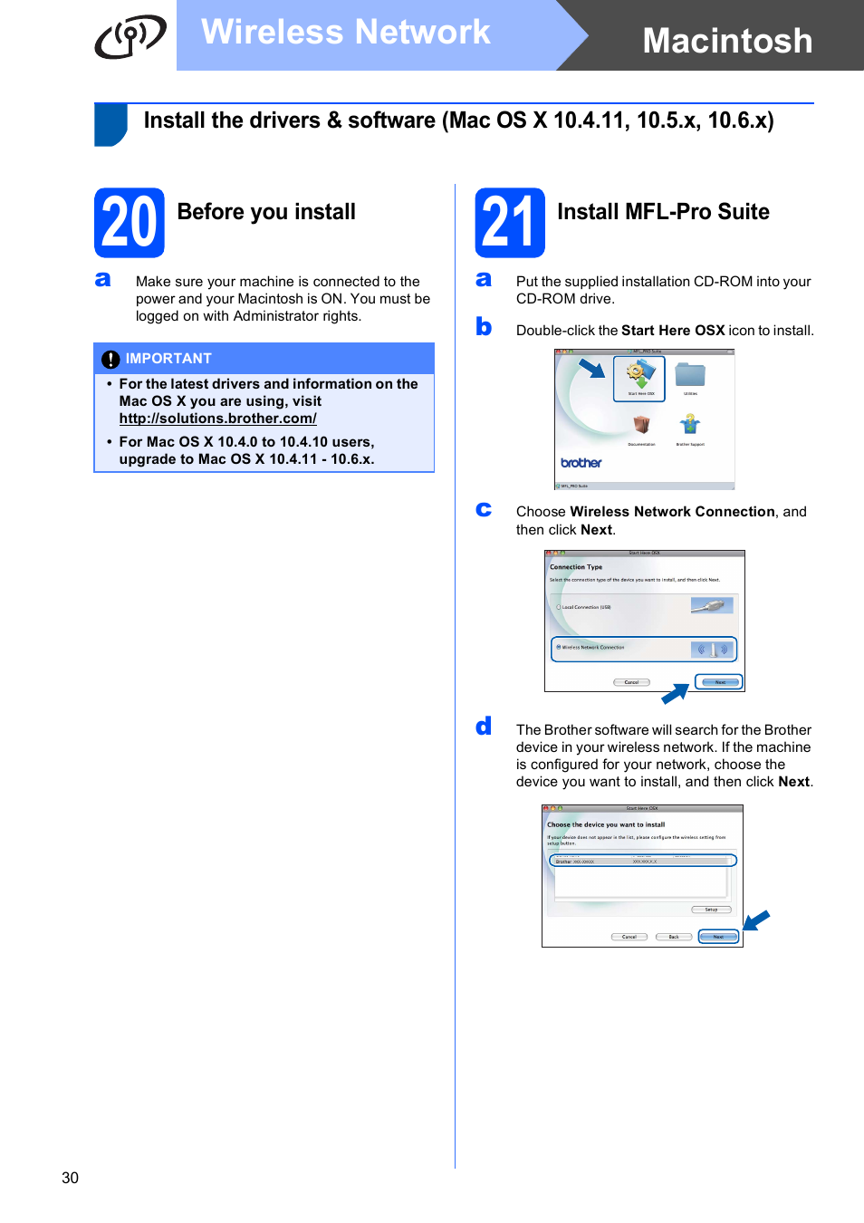 20 before you install, 21 install mfl-pro suite, Macintosh wireless network | Brother MFC-J410W User Manual | Page 30 / 34