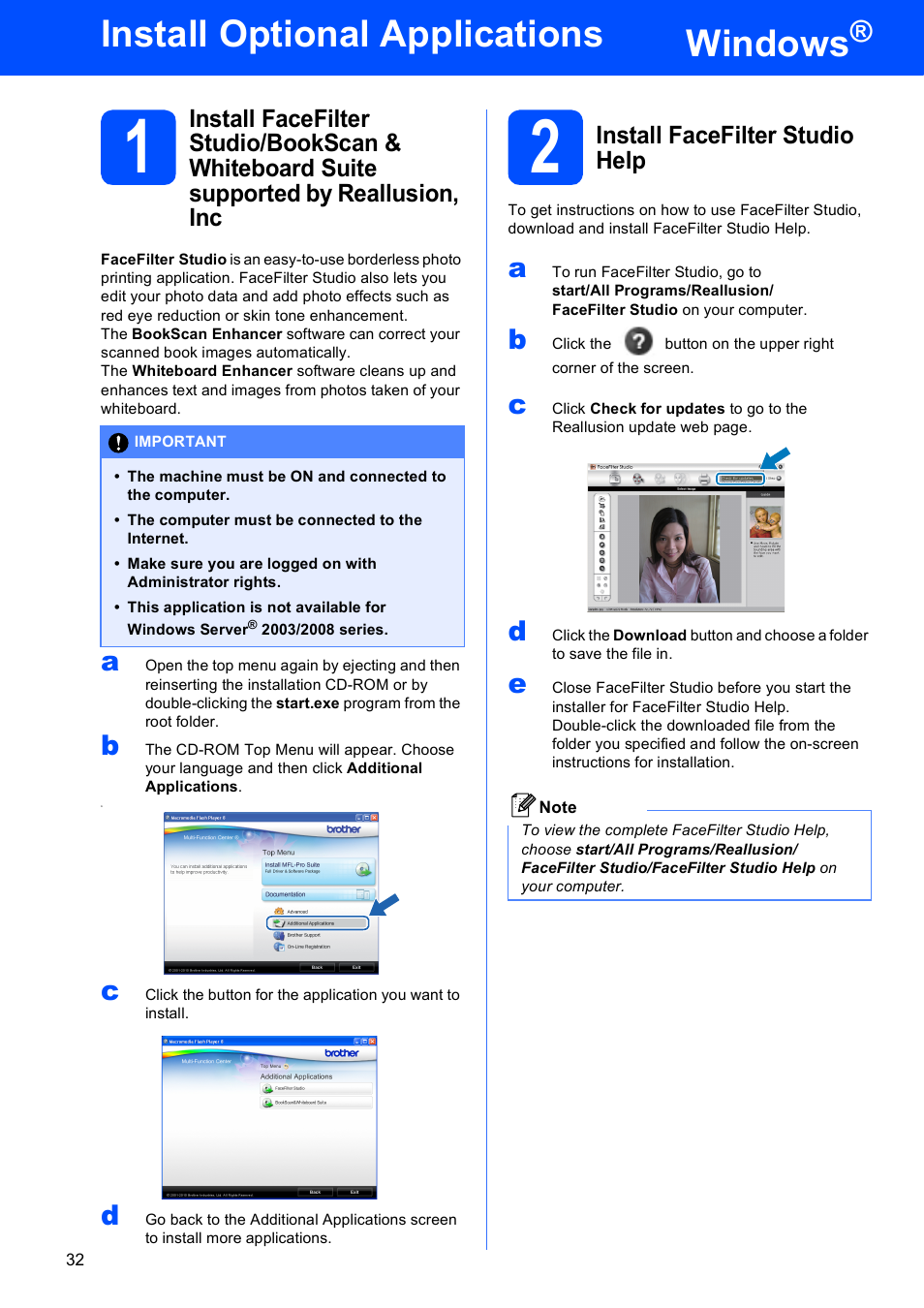 Install optional applications windows, Install facefilter studio help, Windows | Install optional applications | Brother MFC-J410W User Manual | Page 32 / 34