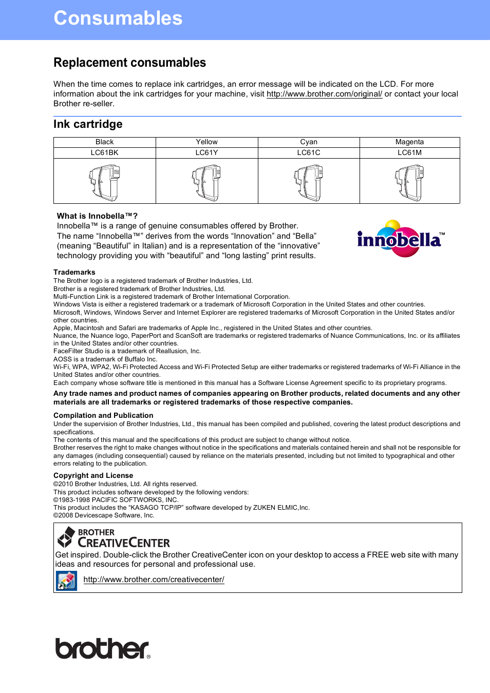 Consumables, Replacement consumables, Ink cartridge | Brother usa/can | Brother MFC-J410W User Manual | Page 34 / 34