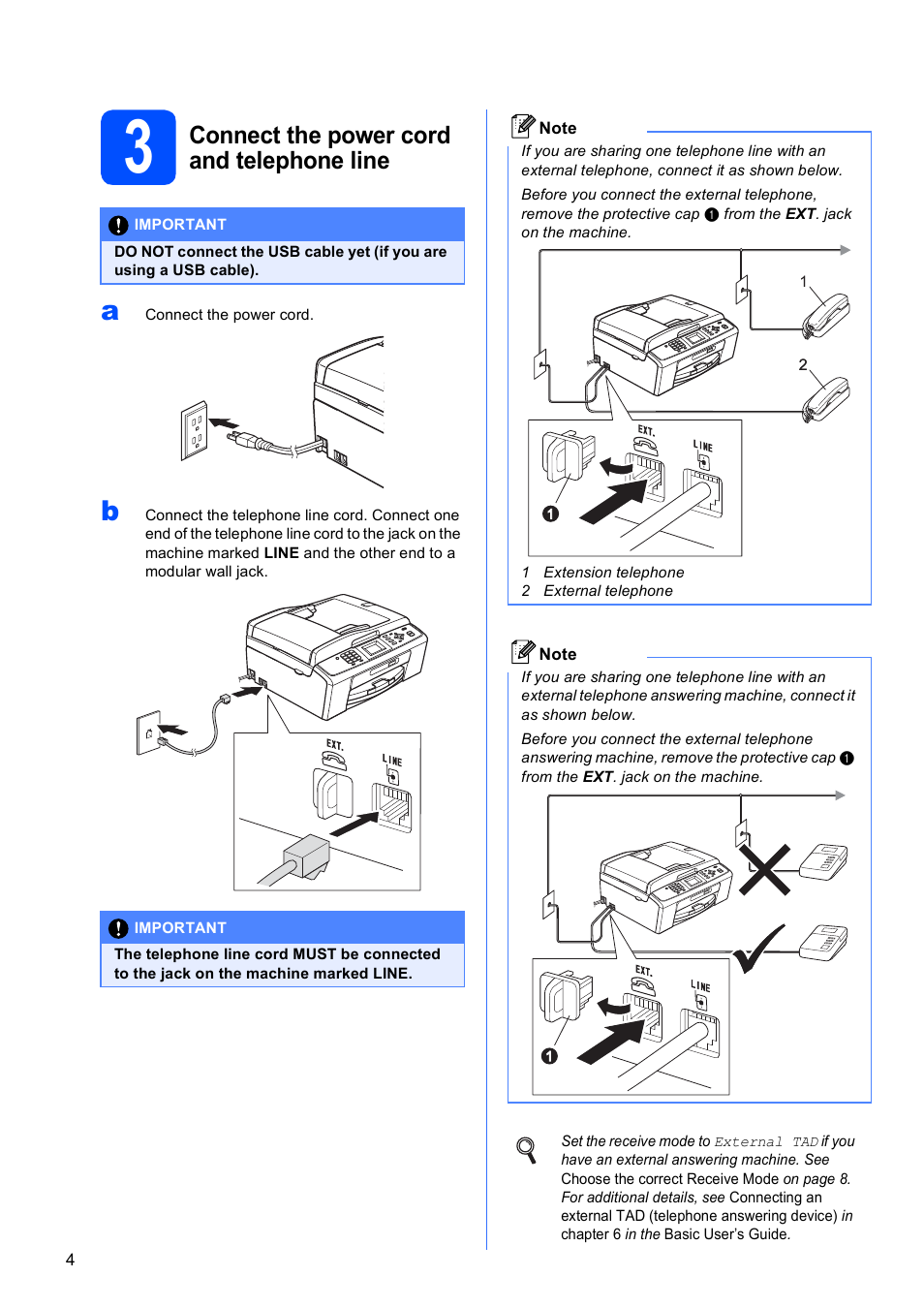 3 connect the power cord and telephone line, Connect the power cord and telephone line | Brother MFC-J410W User Manual | Page 4 / 34