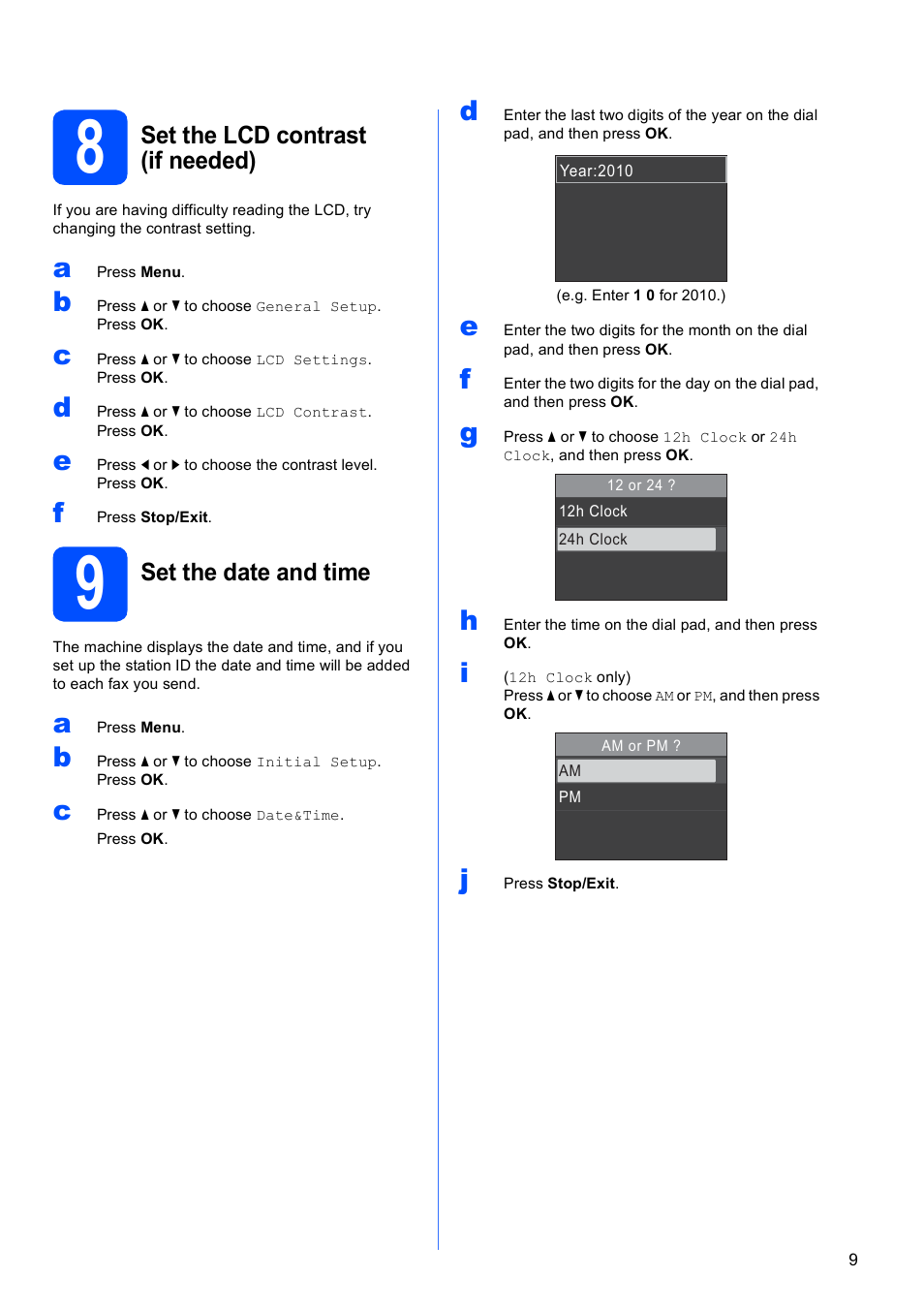 8 set the lcd contrast (if needed), 9 set the date and time | Brother MFC-J410W User Manual | Page 9 / 34