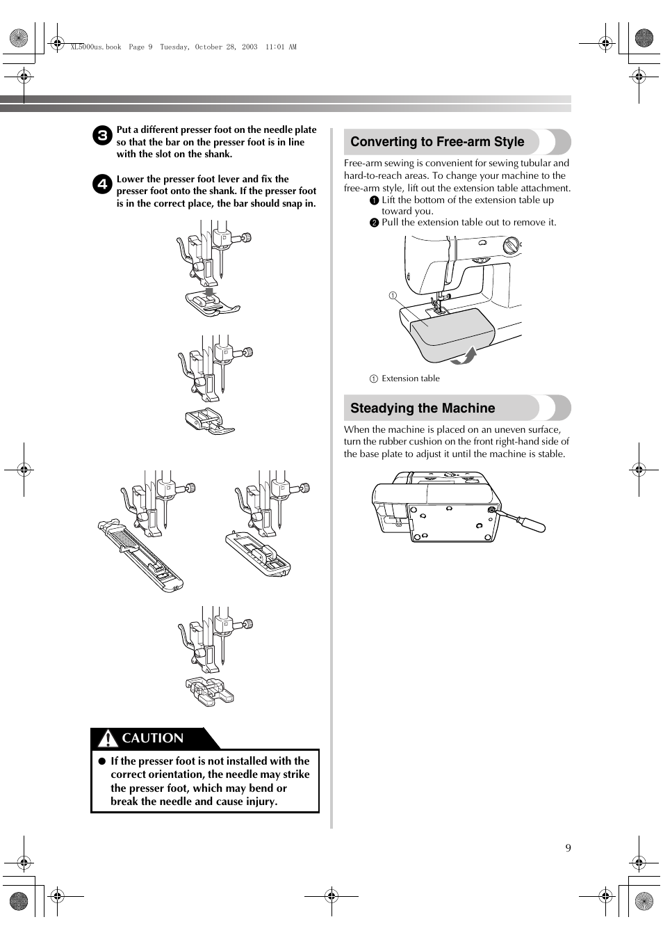 Converting to free-arm style, Steadying the machine, Caution | Brother XL-5600 User Manual | Page 10 / 46