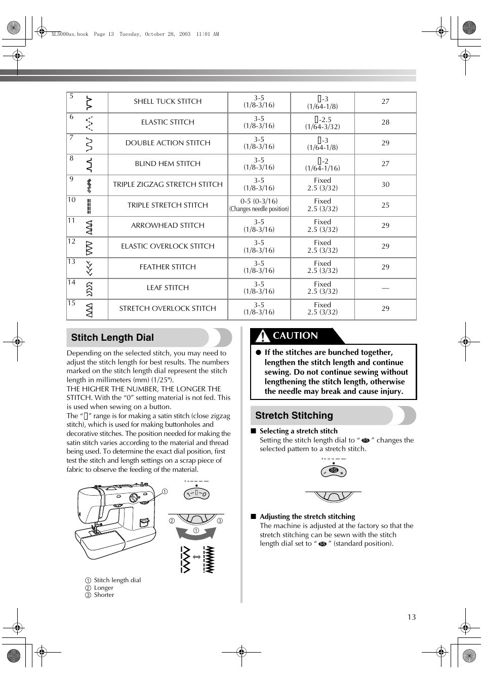 Stitch length dial, Stretch stitching, Caution | Brother XL-5600 User Manual | Page 14 / 46