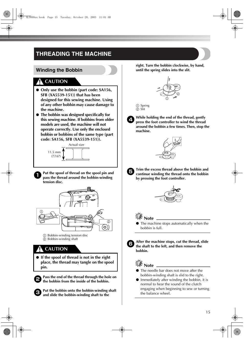 Threading the machine, Winding the bobbin, Caution | Brother XL-5600 User Manual | Page 16 / 46