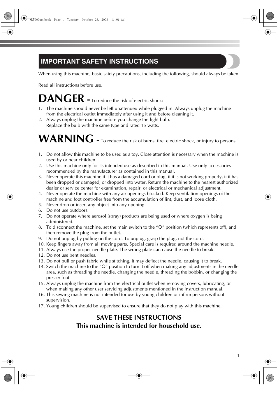 Danger, Warning, Important safety instructions | Brother XL-5600 User Manual | Page 2 / 46