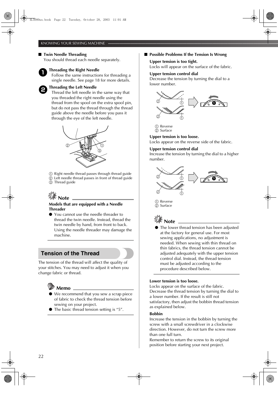 Tension of the thread | Brother XL-5600 User Manual | Page 23 / 46