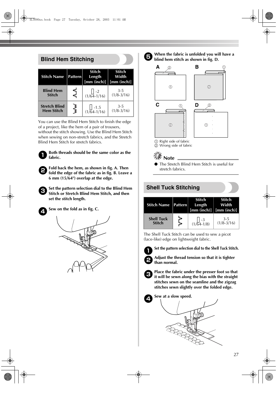 Blind hem stitching, Shell tuck stitching | Brother XL-5600 User Manual | Page 28 / 46