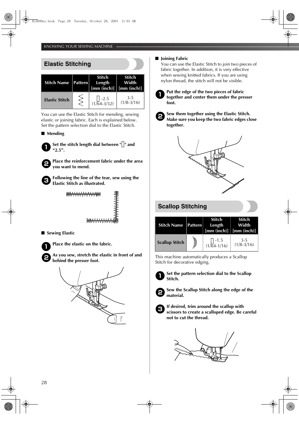 Elastic stitching, Scallop stitching | Brother XL-5600 User Manual | Page 29 / 46