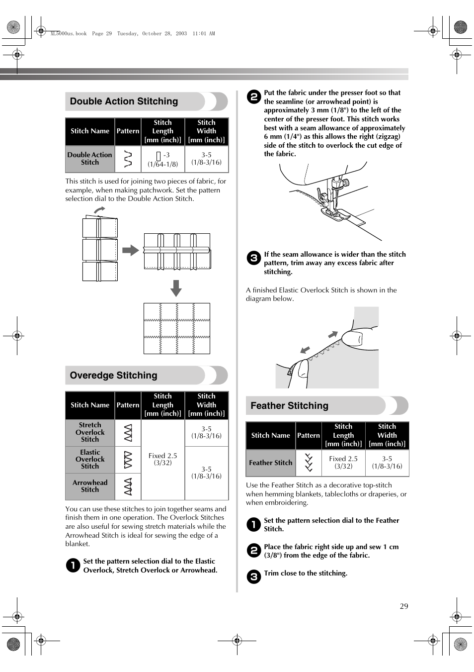 Double action stitching, Overedge stitching, Feather stitching | Brother XL-5600 User Manual | Page 30 / 46