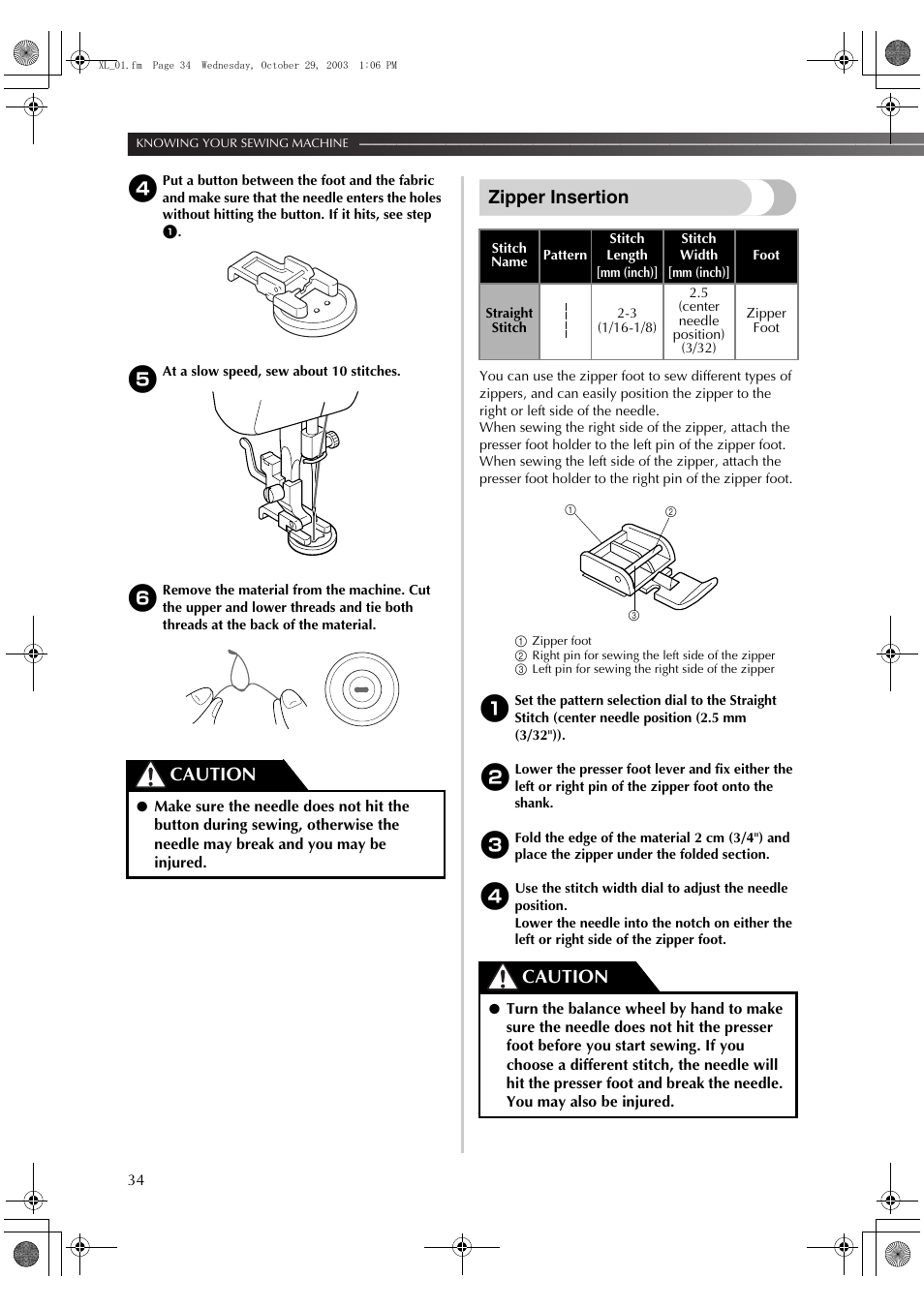 Zipper insertion, Caution | Brother XL-5600 User Manual | Page 35 / 46