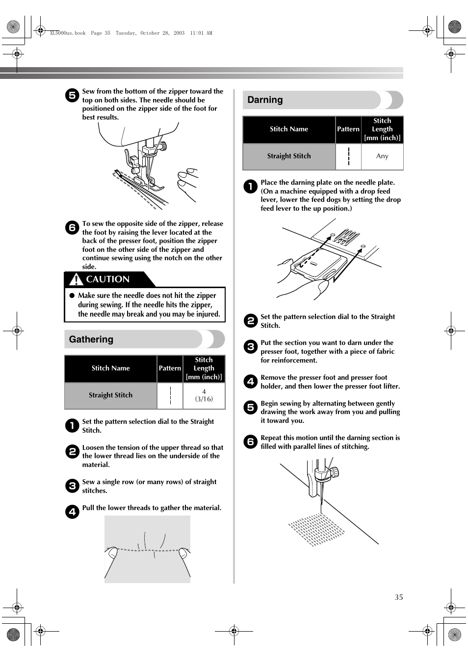 Gathering, Darning, Caution | Brother XL-5600 User Manual | Page 36 / 46