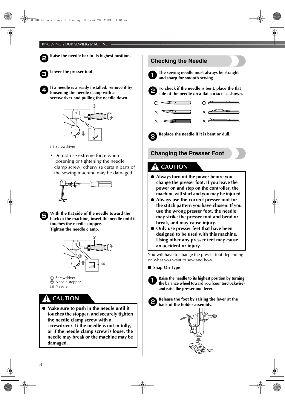 Checking the needle, Changing the presser foot, Caution | Brother XL-5600 User Manual | Page 9 / 46