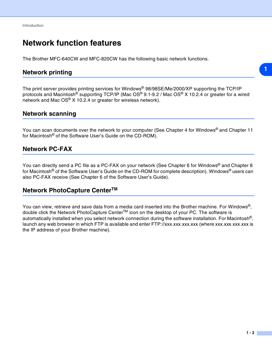 Network function features, Network printing, Network scanning | Network pc-fax, Network photocapture centertm, Network function features -2, Network photocapture center | Brother MFC-820CW User Manual | Page 10 / 164