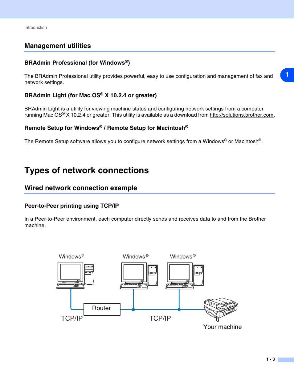 Management utilities, Bradmin professional (for windows®), Bradmin light (for mac os® x 10.2.4 or greater) | Types of network connections, Wired network connection example, Peer-to-peer printing using tcp/ip, Management utilities -3, Bradmin professional (for windows, Bradmin light (for mac os, X 10.2.4 or greater) -3 | Brother MFC-820CW User Manual | Page 11 / 164