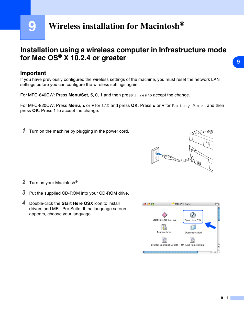 9 wireless installation for macintosh, Wireless installation for macintosh, X 10.2.4 or greater -1 | X 10.2.4 or greater | Brother MFC-820CW User Manual | Page 111 / 164