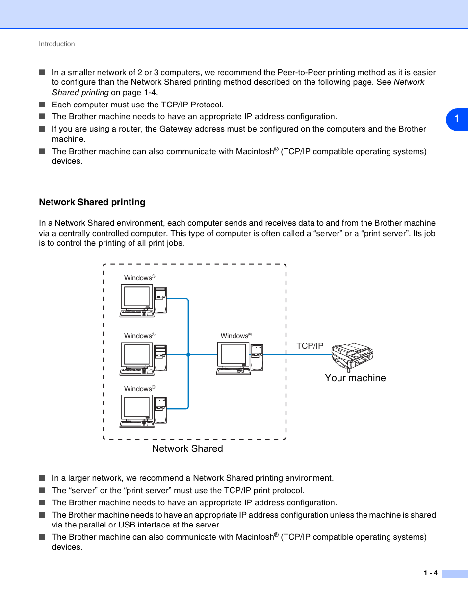 Network shared printing, Network shared printing -4, Your machine network shared | Brother MFC-820CW User Manual | Page 12 / 164