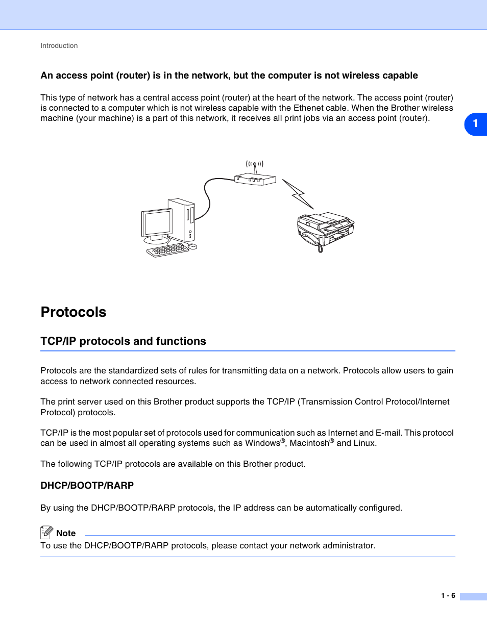 Protocols, Tcp/ip protocols and functions, Dhcp/bootp/rarp | Protocols -6, Tcp/ip protocols and functions -6, Dhcp/bootp/rarp -6 | Brother MFC-820CW User Manual | Page 14 / 164