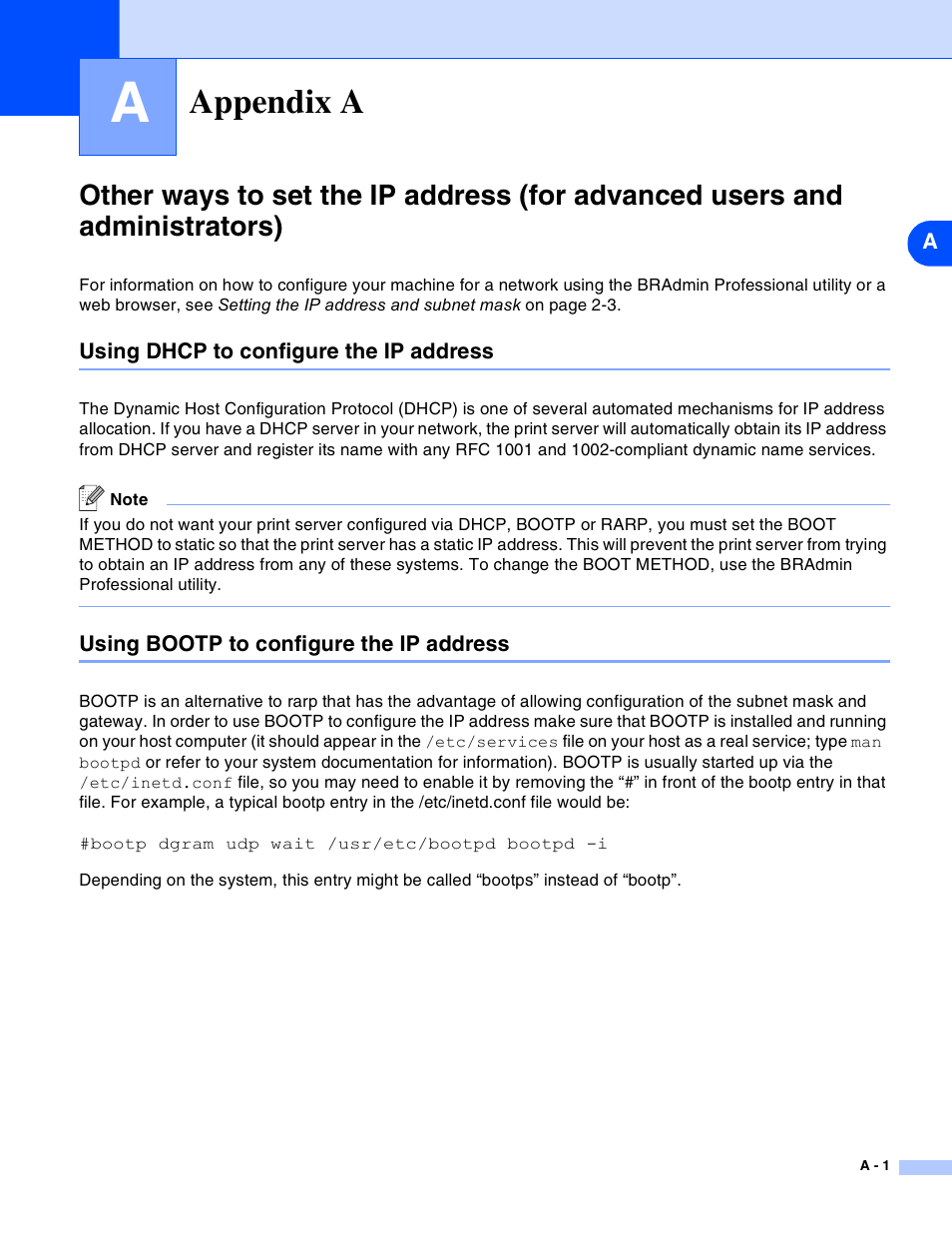 A appendix a, Using dhcp to configure the ip address, Using bootp to configure the ip address | Appendix a, Other ways to set the ip address, Other ways to set the ip | Brother MFC-820CW User Manual | Page 146 / 164