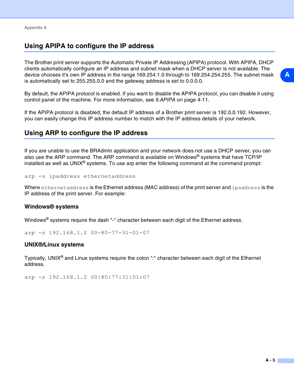 Using apipa to configure the ip address, Using arp to configure the ip address, Windows® systems | Unix®/linux systems, Ausing apipa to configure the ip address | Brother MFC-820CW User Manual | Page 148 / 164