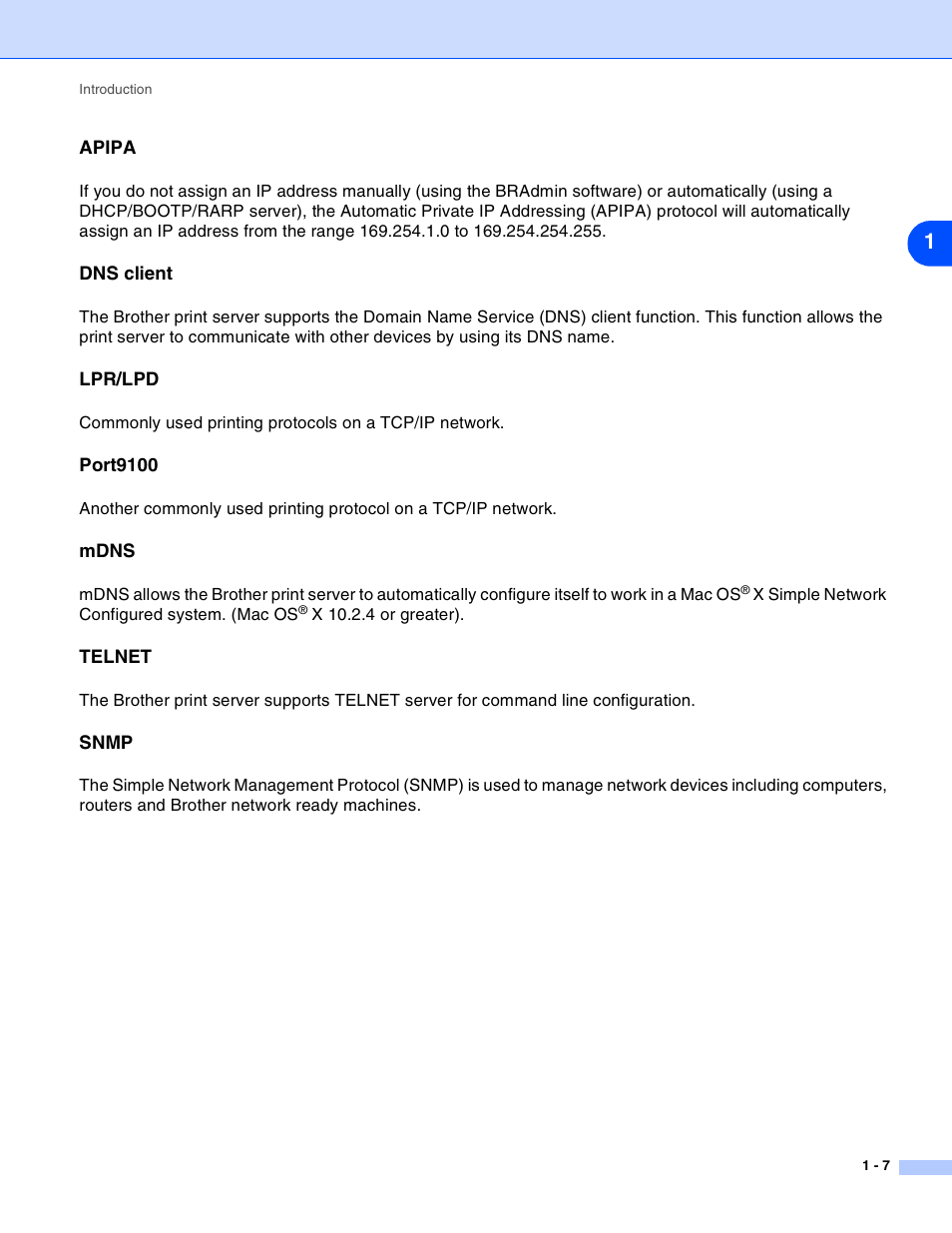 Apipa, Dns client, Lpr/lpd | Port9100, Mdns, Telnet, Snmp | Brother MFC-820CW User Manual | Page 15 / 164