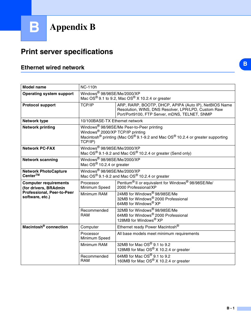 B appendix b, Print server specifications, Ethernet wired network | Appendix b | Brother MFC-820CW User Manual | Page 154 / 164