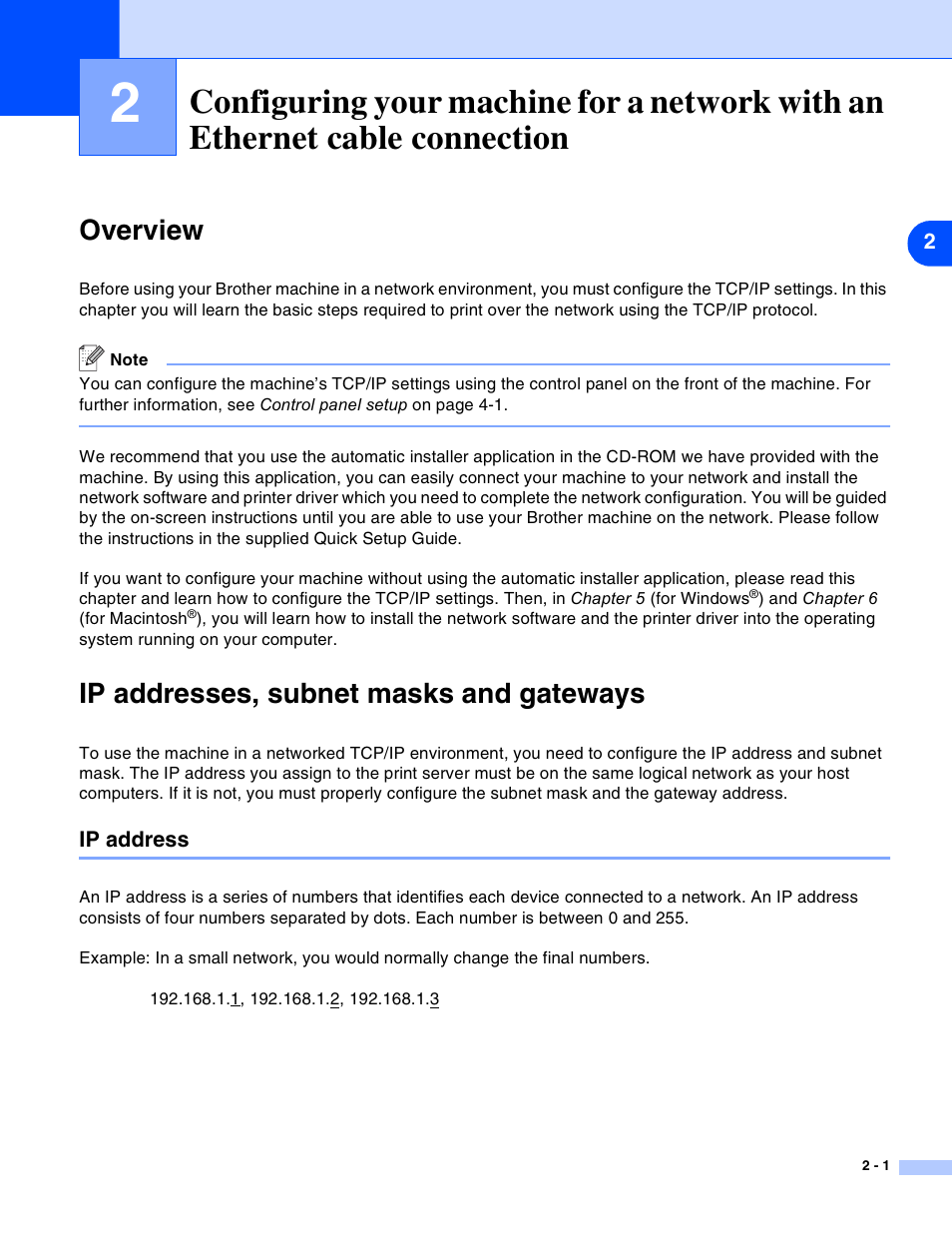 Overview, Ip addresses, subnet masks and gateways, Ip address | Ip address -1 | Brother MFC-820CW User Manual | Page 16 / 164