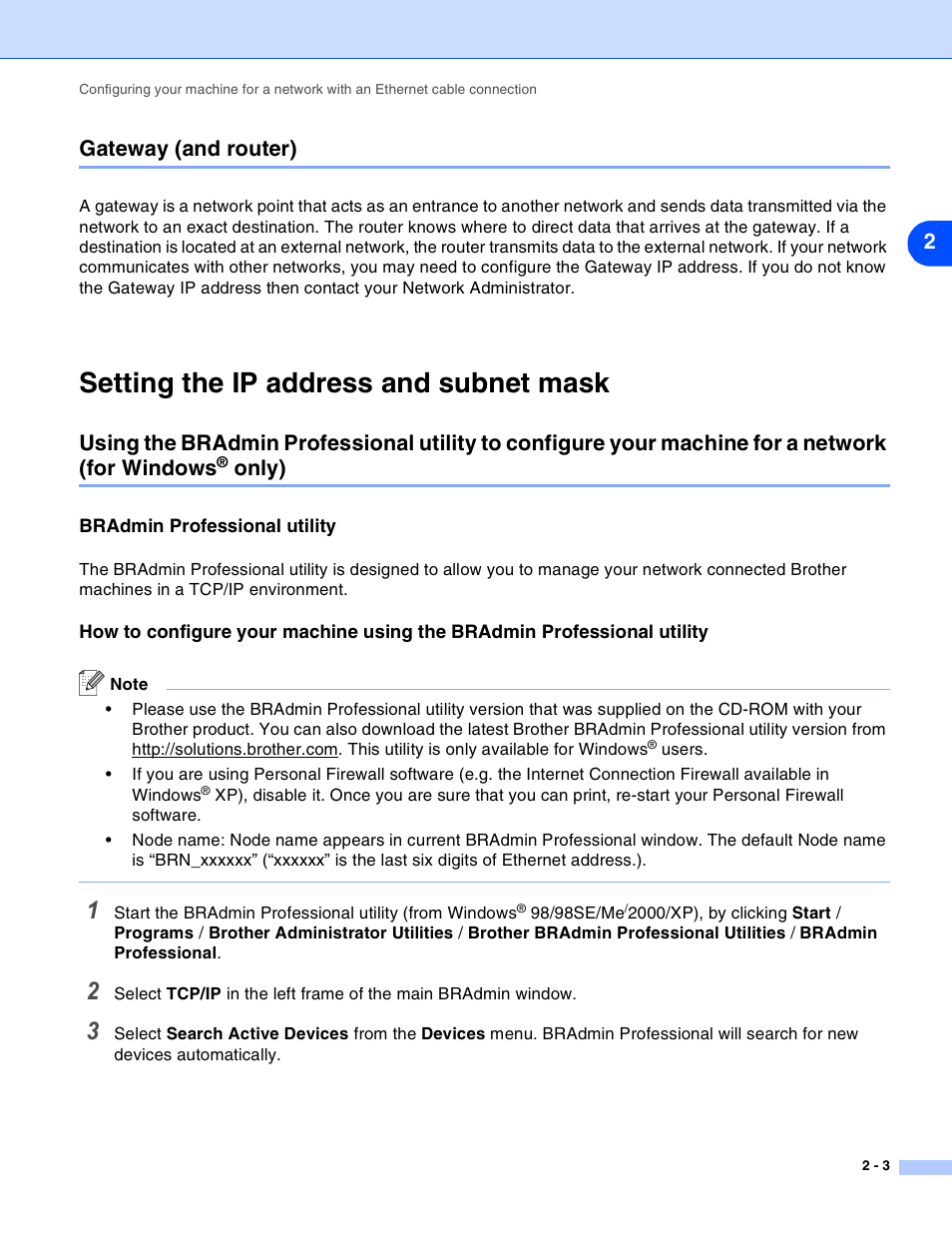 Gateway (and router), Setting the ip address and subnet mask, Bradmin professional utility | Gateway (and router) -3, Setting the ip address and subnet mask -3, Only) -3, 2gateway (and router), Only) | Brother MFC-820CW User Manual | Page 18 / 164