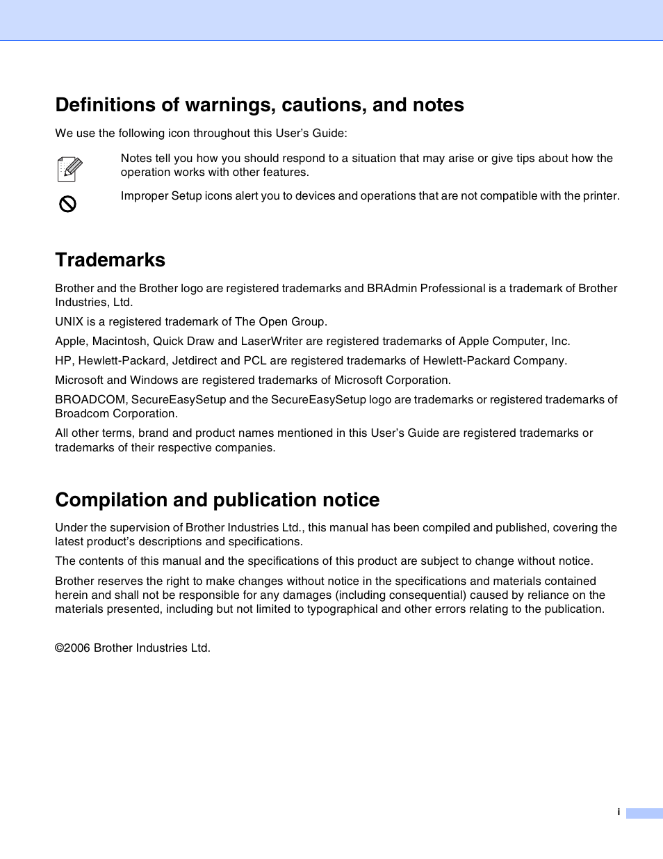 Trademarks, Compilation and publication notice | Brother MFC-820CW User Manual | Page 2 / 164