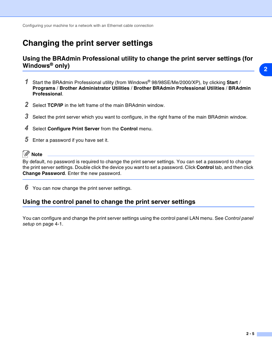 Changing the print server settings, Changing the print server settings -5, Only) 2-5 | Brother MFC-820CW User Manual | Page 20 / 164