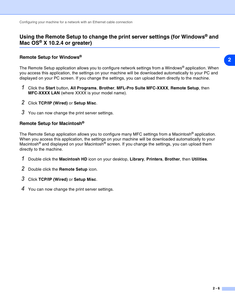 Remote setup for windows, Remote setup for macintosh, For windows | And mac os, X 10.2.4 or greater) -6, X 10.2.4 or greater) | Brother MFC-820CW User Manual | Page 21 / 164