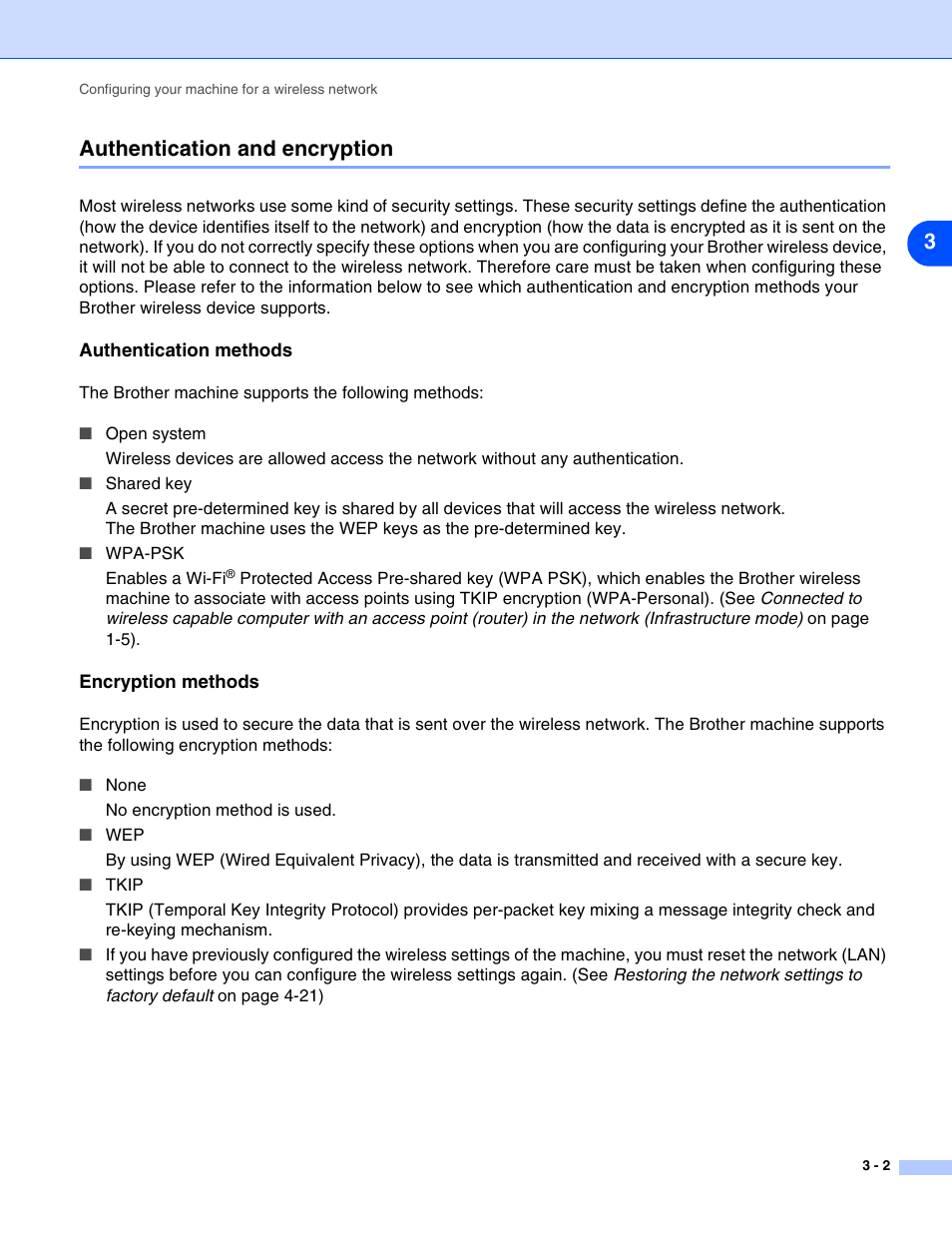 Authentication and encryption, Authentication methods, Encryption methods | Authentication and encryption -2, Authentication methods -2 encryption methods -2, 3authentication and encryption | Brother MFC-820CW User Manual | Page 23 / 164