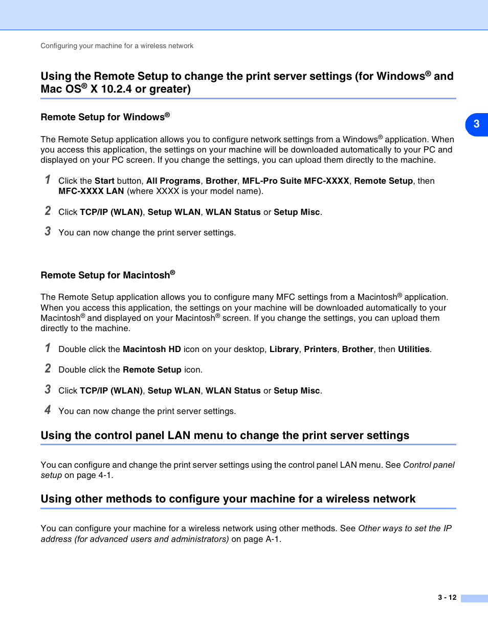 Remote setup for windows, Remote setup for macintosh, For windows | And mac os, X 10.2.4 or greater) -12, X 10.2.4 or greater) | Brother MFC-820CW User Manual | Page 33 / 164