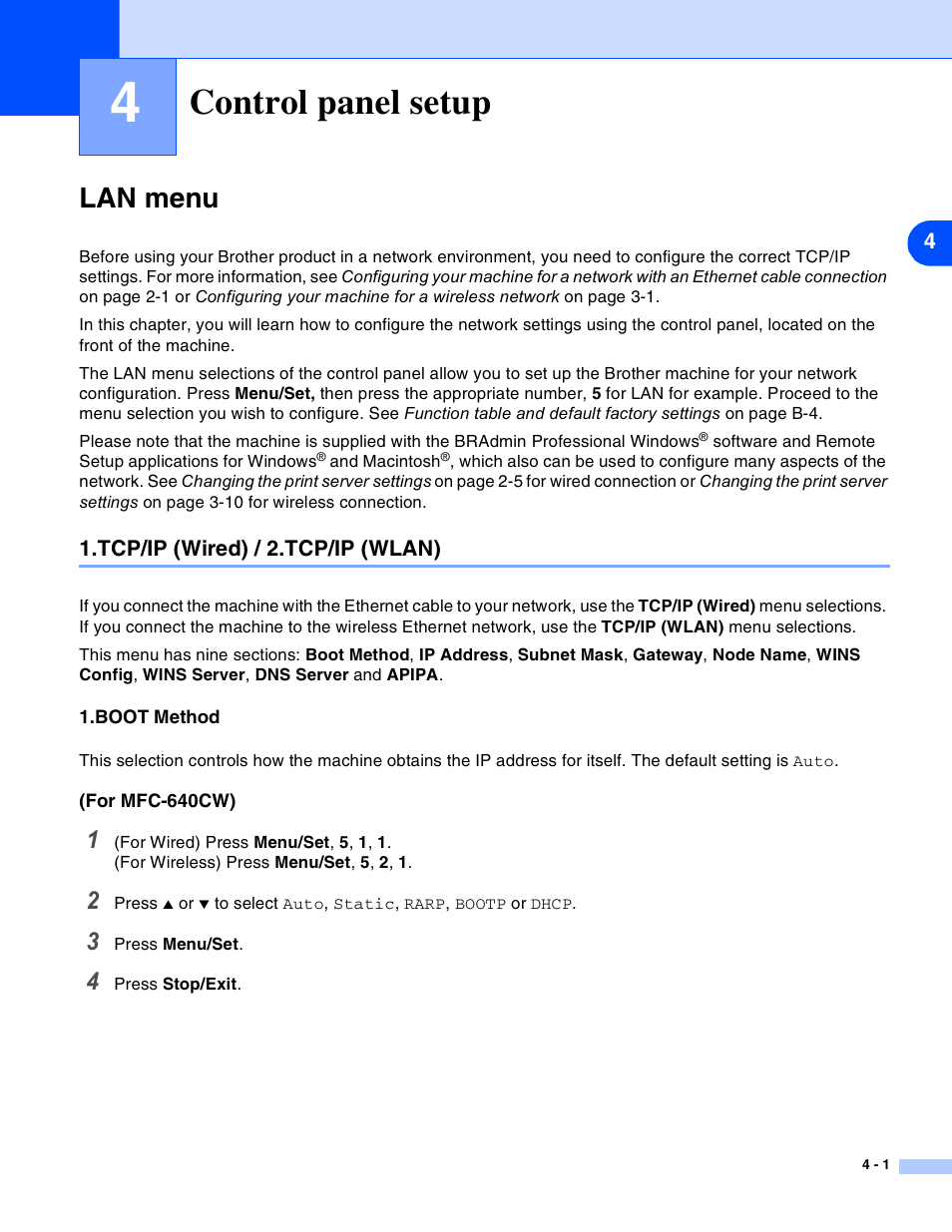 4 control panel setup, Lan menu, Tcp/ip (wired) / 2.tcp/ip (wlan) | Boot method, Control panel setup, Lan menu -1, Tcp/ip (wired) / 2.tcp/ip (wlan) -1, Boot method -1, Control panel | Brother MFC-820CW User Manual | Page 34 / 164