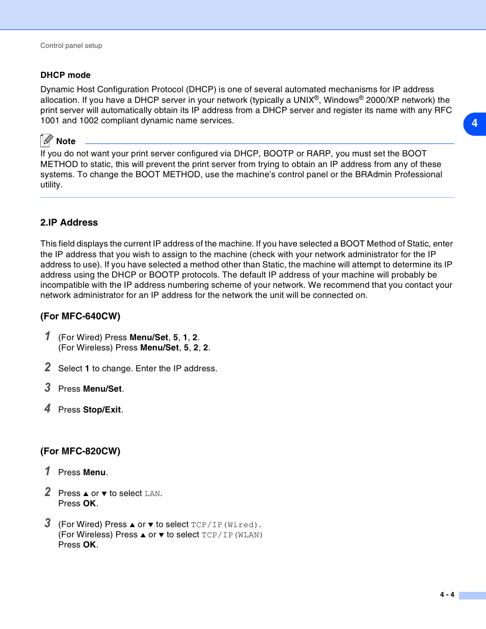 Ip address, Ip address -4 | Brother MFC-820CW User Manual | Page 37 / 164