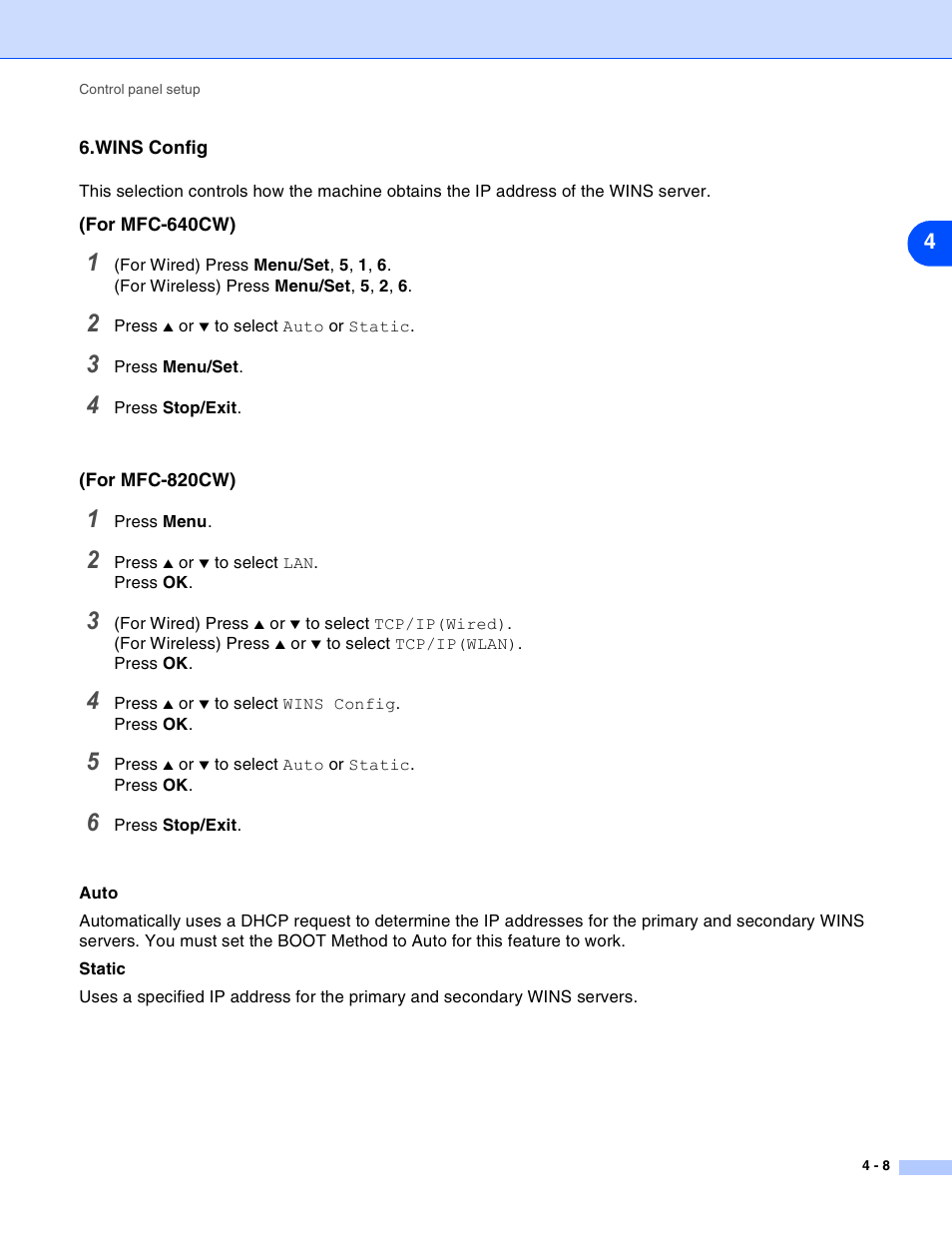 Wins config, Wins config -8 | Brother MFC-820CW User Manual | Page 41 / 164