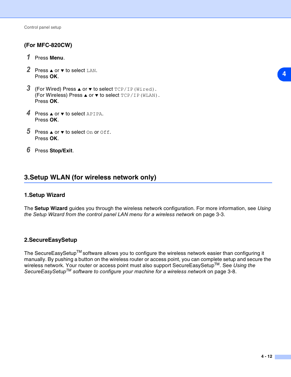 Setup wlan (for wireless network only), Setup wizard, Secureeasysetup | Setup wlan (for wireless network only) -12, Setup wizard -12 2.secureeasysetup -12 | Brother MFC-820CW User Manual | Page 45 / 164