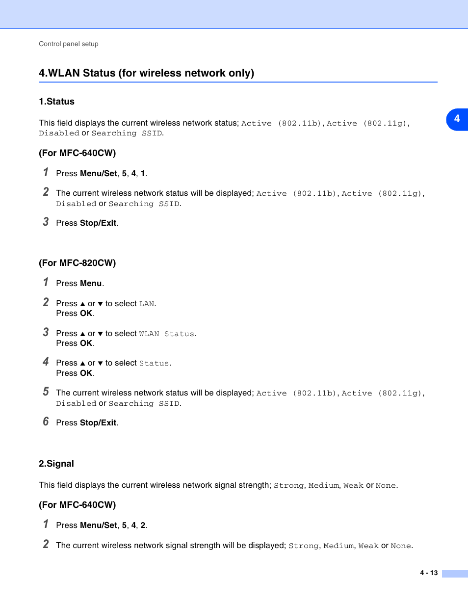 Wlan status (for wireless network only), Status, Signal | Wlan status (for wireless network only) -13, Status -13 2.signal -13 | Brother MFC-820CW User Manual | Page 46 / 164