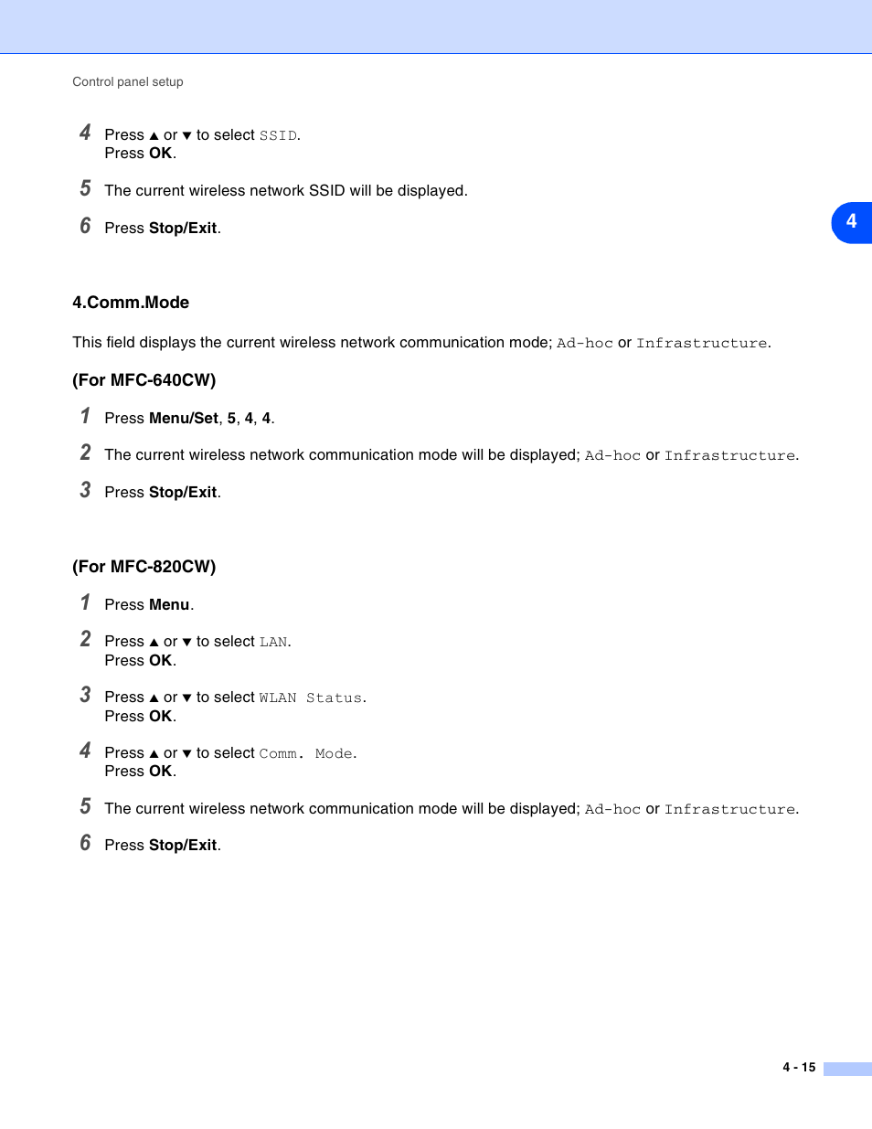 Comm.mode, Comm.mode -15 | Brother MFC-820CW User Manual | Page 48 / 164