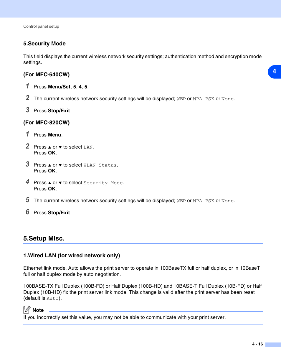 Security mode, Setup misc, Wired lan (for wired network only) | Security mode -16, Setup misc -16, Wired lan (for wired network only) -16 | Brother MFC-820CW User Manual | Page 49 / 164