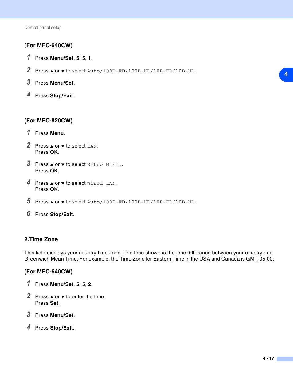 Time zone, Time zone -17 | Brother MFC-820CW User Manual | Page 50 / 164